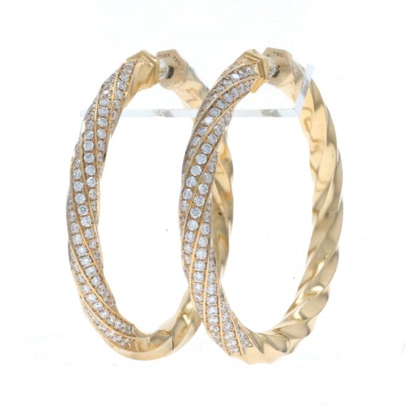 David Yurman 1.5in Cable Edge Diamond Hoop Earrings Yellow Gold 18k Rd 1.84ctw - Picture 1 of 6